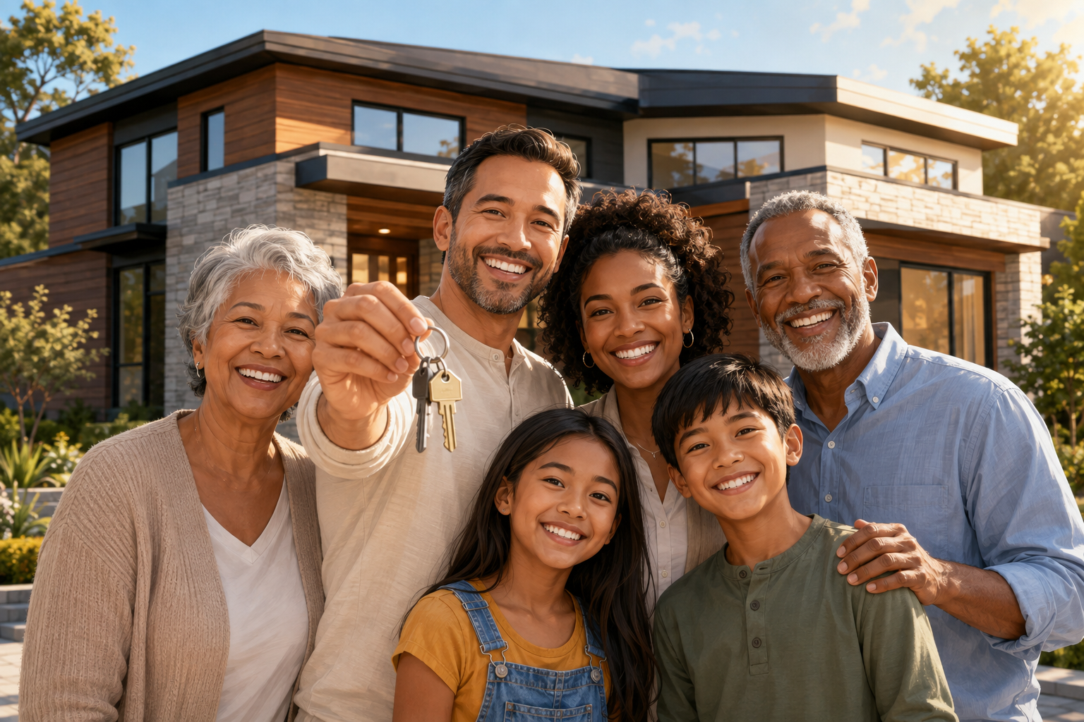 Happy family holding keys in front of their new home
